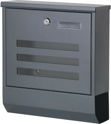 A dark gray mailbox with a newspaper roll holder is shown against a white background.