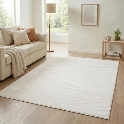 Produktbild von Teppich Kurzflor Wohnzimmer - 200x290 cm in Creme - Modernes Wellen-Muster in 3D-Optik
