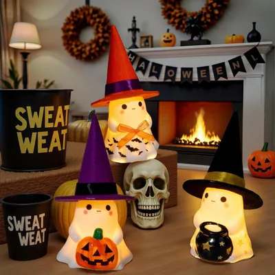 Produktbild von 3er-Set niedliche Halloween-Geister-Lichterfiguren aus Harz, mit Hut, Tischdekoration für Kaminsims, Party, Zuhause und Veranda, 3D-LED Nachtlicht