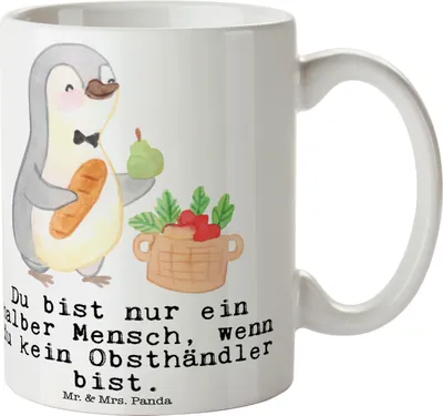 Produktbild von Mr. & Mrs. Panda Kaffeebecher Obsthändler Herz - Weiß - Geschenk, Lustig, kaffeetasse bedruckt, Witzig, Henkelbecher, Becher, Pott, Tasse, Spruch, Teetasse, Obstverkäufer