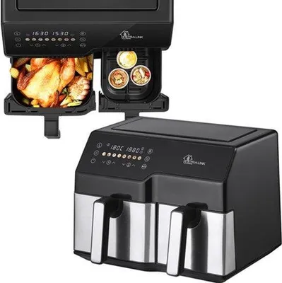 Zdjęcie produktu dla Fritownica bezolejowa, podwójna komora, 10 litrów, 2500W, sterowanie dotykowe, wyświetlacz LED, duża pojemność (XXL)