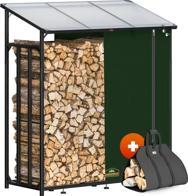 A firewood storage rack with a roof and a green cover, filled with firewood. A carrying bag for firewood is also shown.