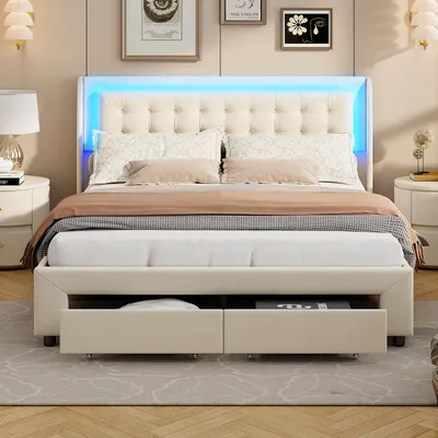 Produktbild von Doppelbett 140 x 190 cm mit Kopfteil und Lattenrost, mit Schubladen, Beige