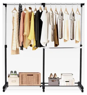 Produktbild von Ausziehbarer Kleiderständer, höhenverstellbarer Garderobenwagen, Kleiderstange mit 2 Einzelstangen, Rollgarderobe auf Rollen, stabiler Garderobenständer, (91-160) x 43 x (93-168) cm