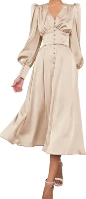 Produktbild von Maxi-Satin-Kleid Damen Elegant Vintage Puffärmel A-Linie V-Ausschnitt Beige XS