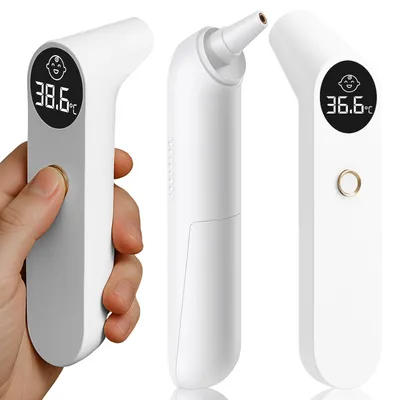 A hand holding a digital thermometer, with two other views of the thermometer shown.