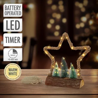 Produktbild von ECD Germany LED Jute Stern mit LED-Beleuchtung 33x9,5x30 cm, Deko Weihnachtsstern aus Seil mit 30 warmweißen LEDs, 3 Tannen