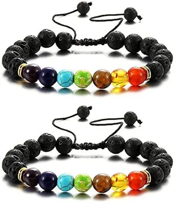 Produktbild von 7 Chakra Armband Echte Steine Elastisch Lava Armband für Damen Naturstein Armband Yoga Armband