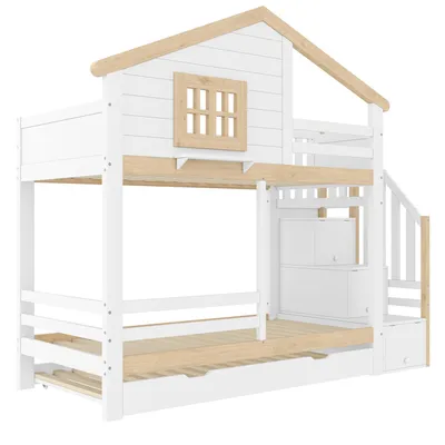 Produktbild von STILVORA Etagenbett 90x200 mit Ausziehbett,Kinderbett mit Stauraumtreppe&Geländer,Holzbett in Hausform mit Lattenrost,weiß(ohne Matratze)
