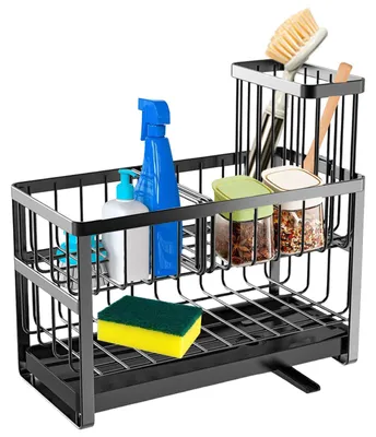 Image de Organisateur d'évier à deux niveaux, porte-éponge de 23 cm, organiseur d'évier amovible en acier au carbone avec écoulement, support de rangement pour brosses de nettoyage