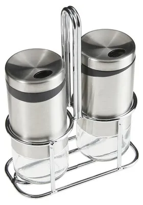 Image de Ensemble de deux contenants pour sel et poivre avec support Zeller, verre/acier inoxydable, 5x11 cm, 220 ml, argenté