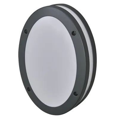 A round, gray outdoor wall lamp with a white diffuser is shown against a white background.