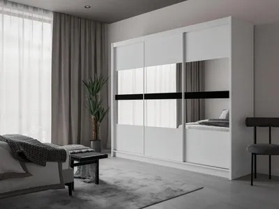 Produktbild von Krudox PRBT 250 cm Weiss Schwebetürenschrank Mit Spiegel Kleiderschrank Für Wohnzimmer Mit Kleiderstange und 2 Schubladen, Farben: Weiss/Graphit