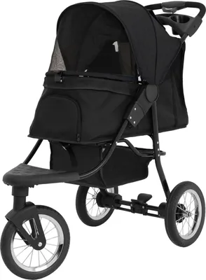 Image de Poussette pliable à 3 roues pour animaux de compagnie | Noir | Poussette de voyage pour chiens de petite à moyenne taille et chats jusqu'à 22 kg | 3 roues sans chambre à air, panier aéré, porte-boissons, sac de rangement, housse de pluie