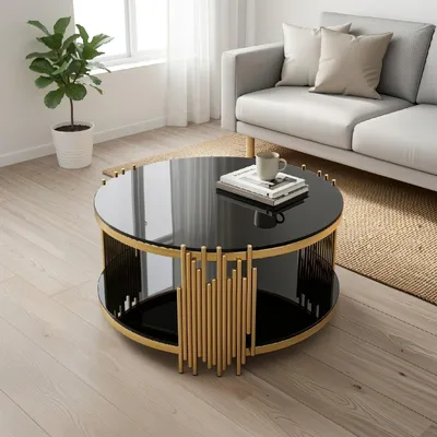 Produktbild von STILVORA Couchtisch mit doppelter Glasplatte aus schwarzem Glas, Wohnzimmertisch mit goldener Stahlbasis, Sofatisch rund für Wohnzimmer und Büro