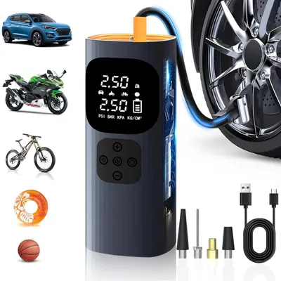 Produktbild von Elektrische Luftpumpe, 150 PSI Mini Tragbar Akku Kompressor 6000mAh Fahrradpumpe mit 4 Adapter für Auto Motorrad Fahrrad Bälle, Akku Luftpumpe Fahrrad