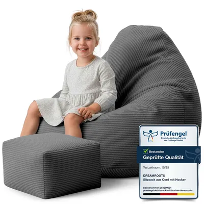 Zdjęcie produktu dla Dreamroots Worek fasola 70x70x70 cm dla dzieci z oparciem i stołkiem oraz pokrowcem na siedzisko worek z wypełnieniem, Granitowy Szary