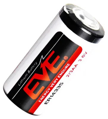 A close-up studio shot of a single EVE ER14335 3.6V lithium battery.