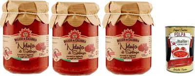 Produktbild von Delizia di Capabia, Ndujia di Spilinga, Würzig streikbar nduja salami, 3x 135g + Italian Gourmet polpa 400g