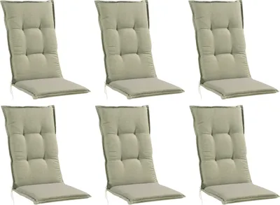 Six beige chair cushions arranged in two rows of three.