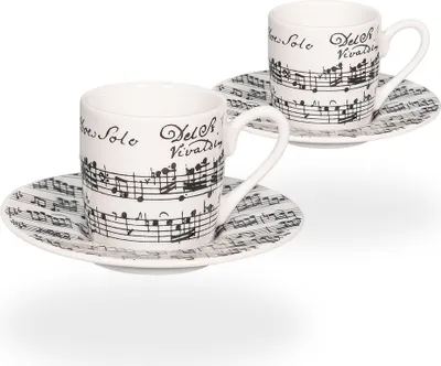 Produktbild von tea4chill Könitz Espresso Tassen Set Vivaldi Libretto. 2 Kaffeetassen 65ml aus Porzellan. Espressotassen, schwarz-weiß