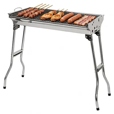 Immagine prodotto di Griglia per barbecue in acciaio inossidabile, di grandi dimensioni, con carbone. Modello pieghevole, da utilizzare su cavalletto, ideale per giardino e campeggio