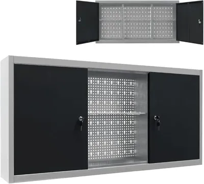 Image de Armoire à outils métallique gris et noir, de style industriel, avec trois étagères réglables en hauteur et deux portes verrouillables