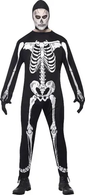 Produktbild von Einteilerkostüm Skelett, Schwarz, mit Kapuze und Handschuhen
