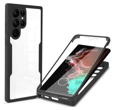 A phone case and screen protector are shown against a white background.