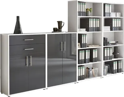 Produktbild von Aktenschrank TABOR 21 in weiß / anthrazit Hochglanz, Schrankwand, Büroschrank, abschließbar, Metallgriffe