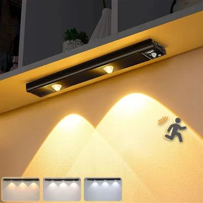 Produktbild von 30CM Led Unterbauleuchte Lichtleiste Mit Bewegungsmelder Kabellos Wiederaufladbare 3 Lichtfarbe Dimmbare Sensor Schrankleuchten, Schwarz