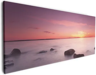 Produktbild von Wallario Premium Leinwandbild Nebel am See bei Sonnenuntergang in Größe 80 x 200 cm