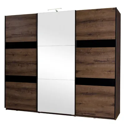 Obrázek produktu pro Šatní skříň 250 cm se zrcadlem a LED osvětlením PEORIA 11 - dub monastery / lesklá černá