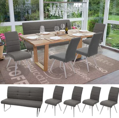 Immagine prodotto di Set di 4x sedia da pranzo + panca HWC-G55, panca da cucina sedia, tessuto/tessuto acciaio inox ~ panca grigio-marrone 160cm