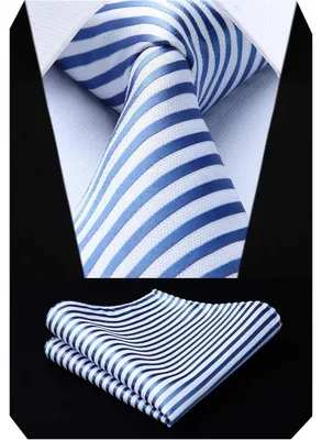 Immagine prodotto di Set da uomo: cravatta e fazzoletto da taschino, a righe blu, ideale per matrimoni e occasioni formali, larghezza 8,5 cm