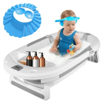 Produktbild von Baby Badewanne Set Faltbar mit Thermometer und Aufbewahrungskorb für Neugeborene und Babys 72cm Grau