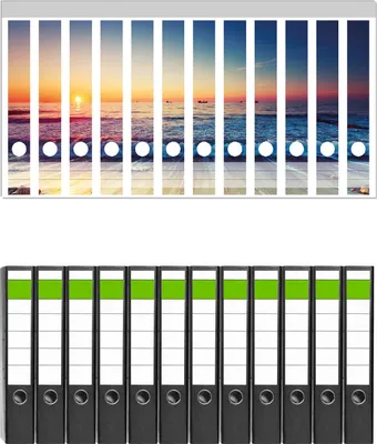 Produktbild von Wallario 12 Stück schmale Ordner inkl. Klebeetiketten mit Motive Sonnenuntergang am Meer mit Wellen am Strand -  Set mit Rückenschildern / Ordnerrücken Stickern