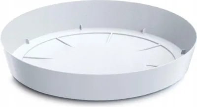 A white round plant saucer with raised ridges on the inside bottom.