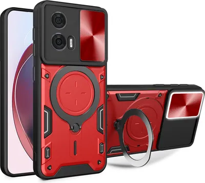 Obrázek produktu pro Pouzdro pro Motorola Edge 50 Fusion 5G dvojvrstvé odolné pouzdro s ochranným krytem kamery a kruhovým stojánkem na prsten Červený