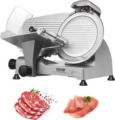 A VEVOR commercial meat slicer is shown with raw meat and sliced ham in the foreground.