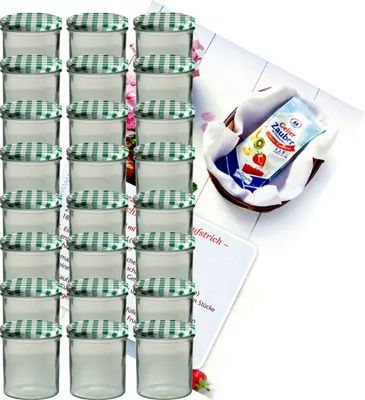 A set of glass jars with green checkered lids, along with a packet of jelly powder, arranged on a white background with some marketing material.