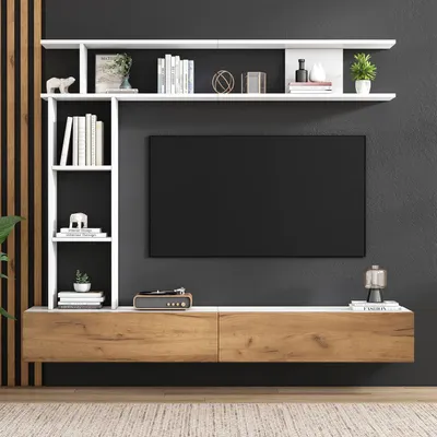 Image de Ensemble de meuble TV 3 pièces, blanc et imitation bois, pour téléviseurs jusqu'à 80 pouces