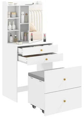 Produktbild von Schminktisch mit Spiegel und gepolstertem Hocker, kompakter Frisiertisch mit Schrank, Schubladen und offenen Ablagen, Weiß