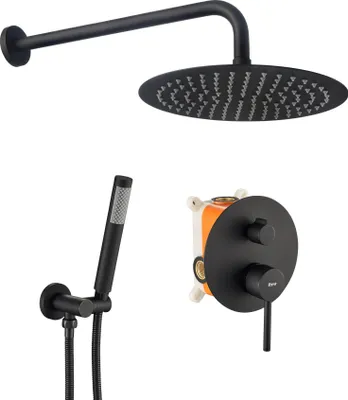 A black shower set with a rain shower head, a handheld shower head, and a concealed shower valve.