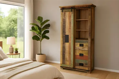 Produktbild von Kleiderschrank Libro, Mangoholz massiv + bunt, Hochschrank mit Holzschiebetür, 3 Schubladen, Kleiderstange & 7 offene Fächer, Türelemente, Griffe & Reling aus Eisen, 100 x 175 x 45 cm, Shabby Chic