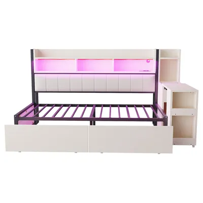 Produktbild von Flieks Jugendbett 90x200cm mit ausziehbarem Schreibtisch und Ladefunktion, Schlafsofa Metallbett mit Schubladen und Ablagen, Weiß