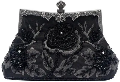 Image de Pochette vintage des années 20, pochette à fleurs, sac à main fait main, élégant sac à bandoulière, sac à main à chaîne, petit sac, mariage, fête, gala, sac noir