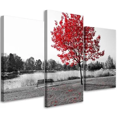 Produktbild von Triptychon auf leinwand baum mit roten blättern 120x80 cm Feeby rot wandbild bereit zum aufhängen