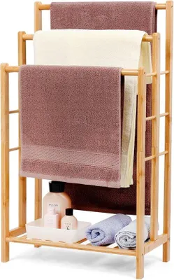Produktbild von Bambus-Handtuchhalter mit Ablage, freistehender Handtuchständer, platzsparende Handtuchleiter mit 3 Stangen für Badezimmer und Wohnzimmer, 86