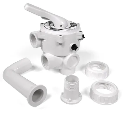 A white multi-port valve and associated plumbing components are arranged on a white background.